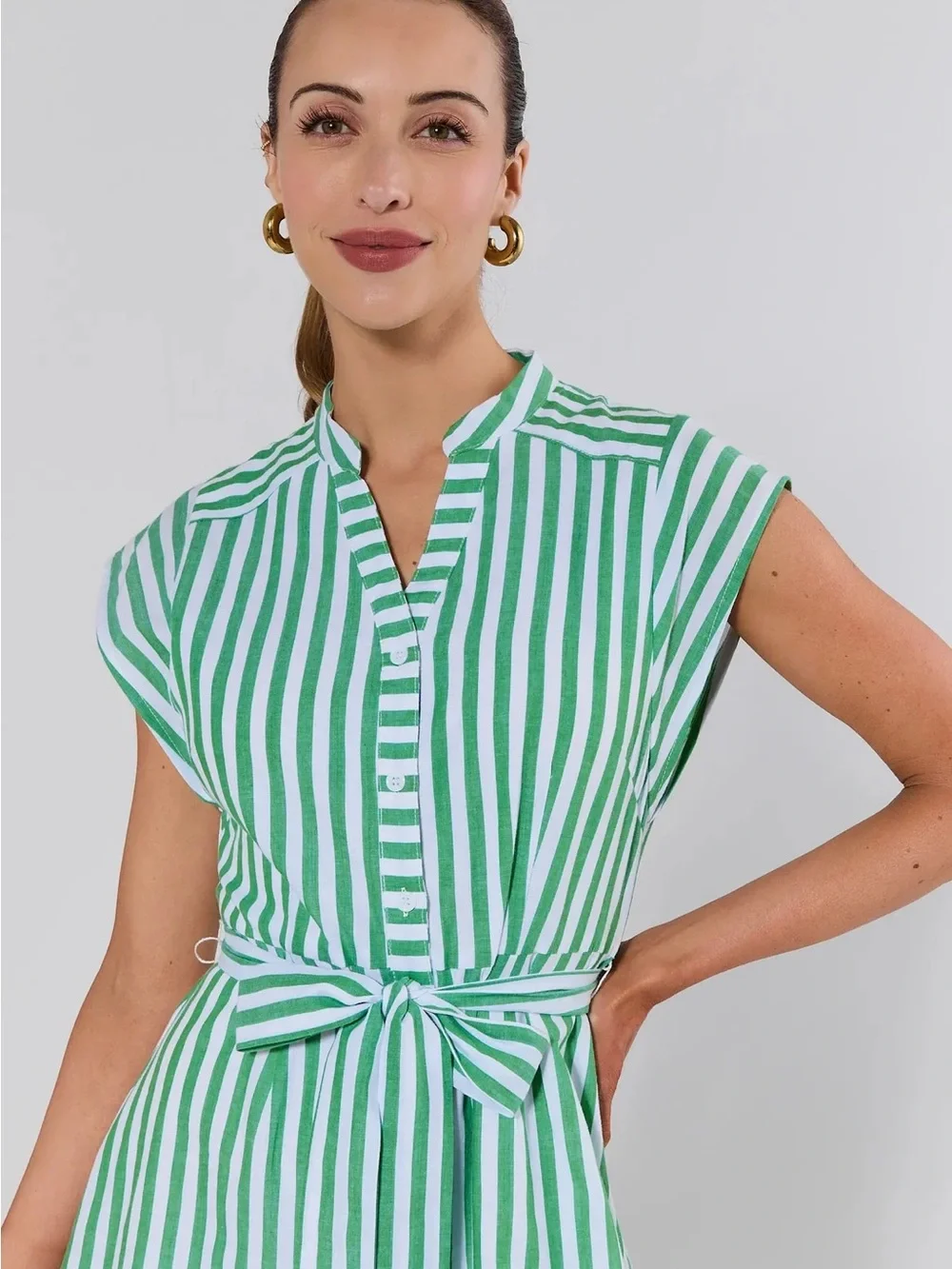 NWT Avara Erica Green Striped Button Front Belted Dress Size Medium - Picture 2 of 10